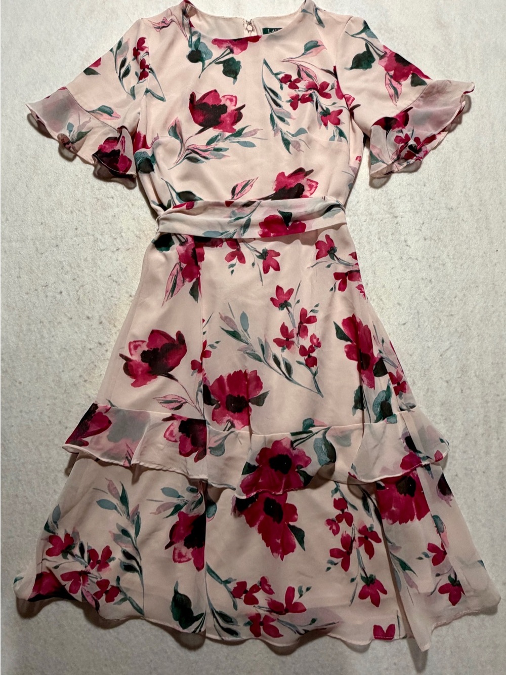 Lauren Ralph Lauren Pink Floral Georgette Tiered Dress Sz 4 EUC